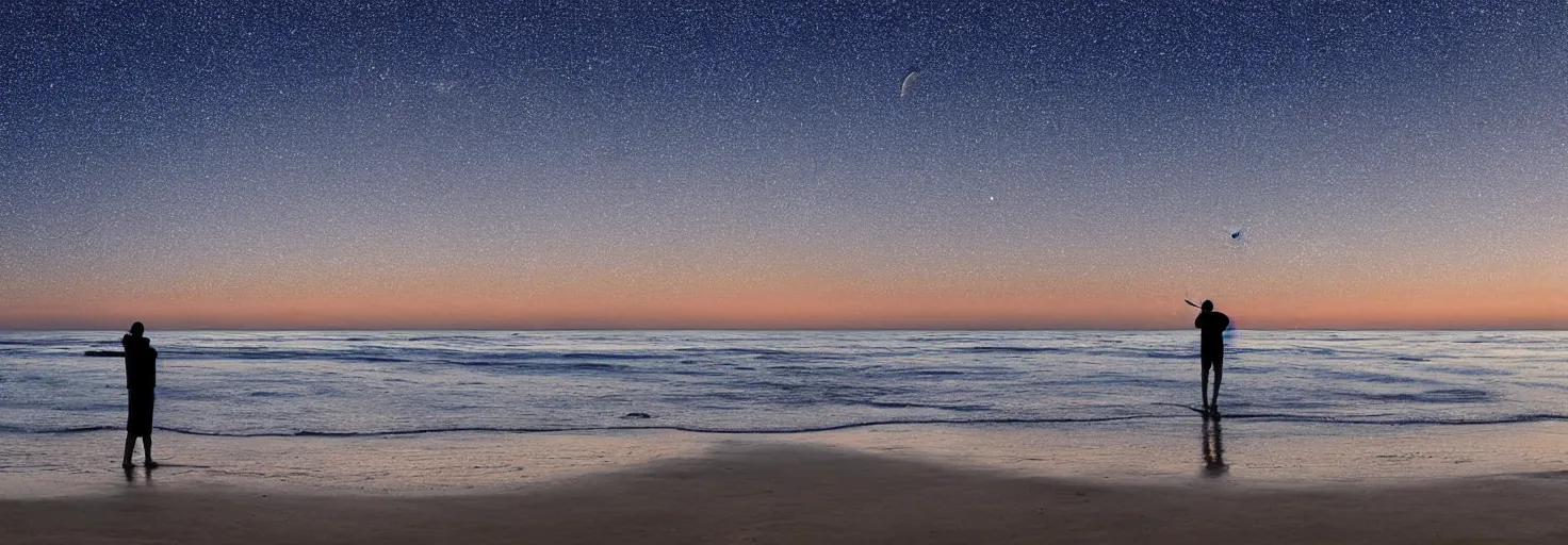 Prompt: man standing at the beach fishing in the ocean a galaxy and a planet with rings visible in the dusk sky highly detailed photograph high resolution