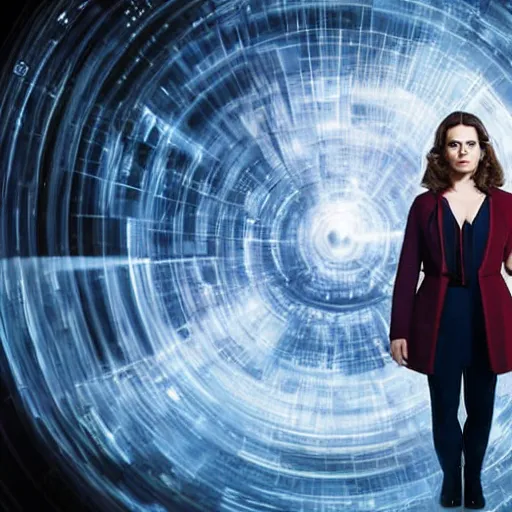 Image similar to a beautiful full body photograph of hayley atwell as'doctor who ', time vortex in the background, detailed face, symmetrical face, extreme realism and detail, 8 k, completely framed, direct lighting, 3 5 mm photo, photorealistic, sharp focus