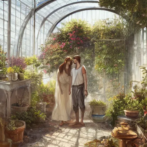 Prompt: Couple at a greenhouse in Ancient Greek | painting by Greg Rutkowski | trending on artstation | 8k | HD