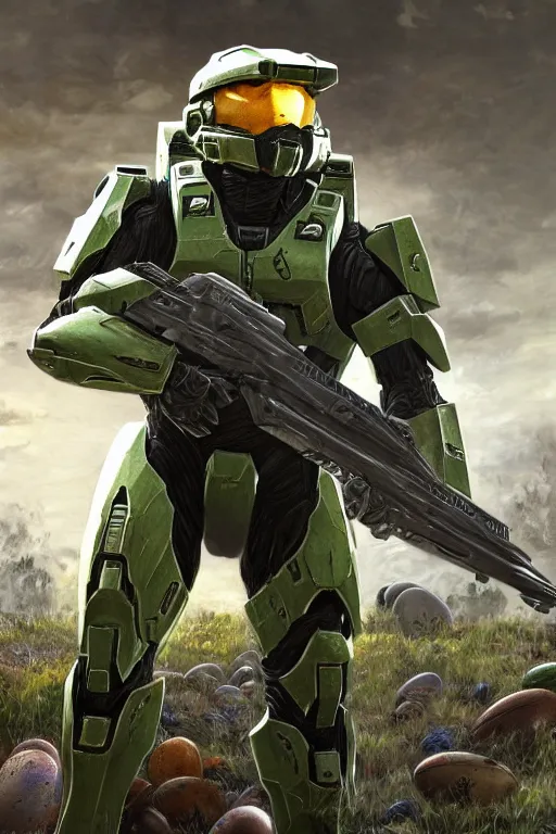 Prompt: master chief from halo 3 hunting easter eggs, easter, oil on canvas, intricate, portrait, 8 k highly professionally detailed, hdr, cgsociety