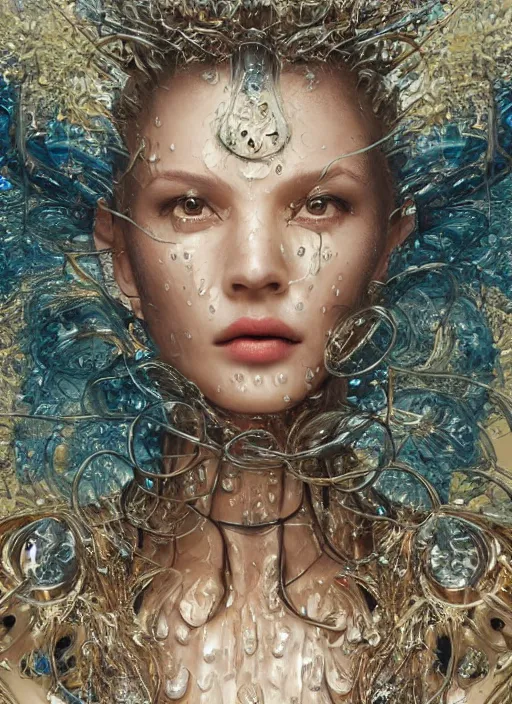 Image similar to sculpture made of water, portrait, female, future, shaman, harper's bazaar, vogue, magazine, insanely detailed and intricate, concept art, close up, wet, ornate, luxury, elite, elegant, trending on artstation, by ruan jia, by Kenneth Willardt, by ross tran, by WLOP, by Andrei Riabovitchev,