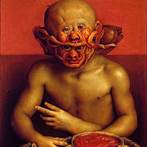 Image similar to a boy sitting in a tub full of tomato sauce, by giuseppe arcimboldo and ambrosius benson, renaissance, highly detailed, a touch of beksinski, fruit, intricate and intense oil paint, realistic
