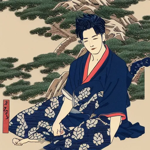 Image similar to park jimin of BTS, style of Hokusai