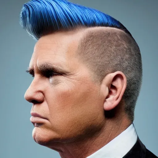 Prompt: press photo of donald trump, with a trendy hip hairstyle shaved side burns fauxhawk gelled blue, soft studio lighting - w 7 0 4