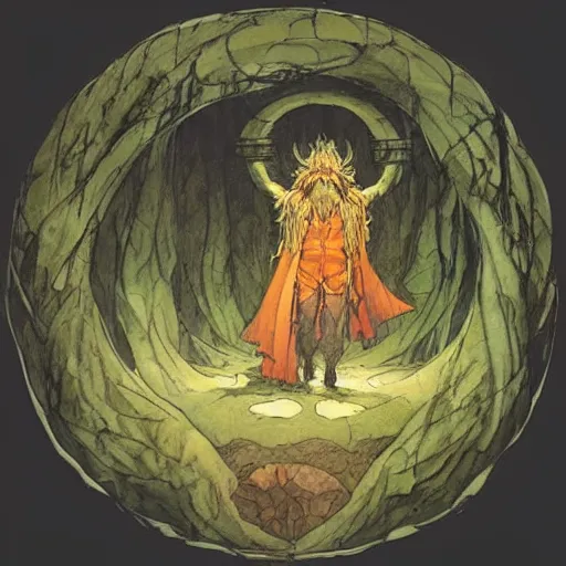 Image similar to a druid standing in a circle at the beginning of the world by alan lee and peter mohrbacher and frank frazetta and mike mignola