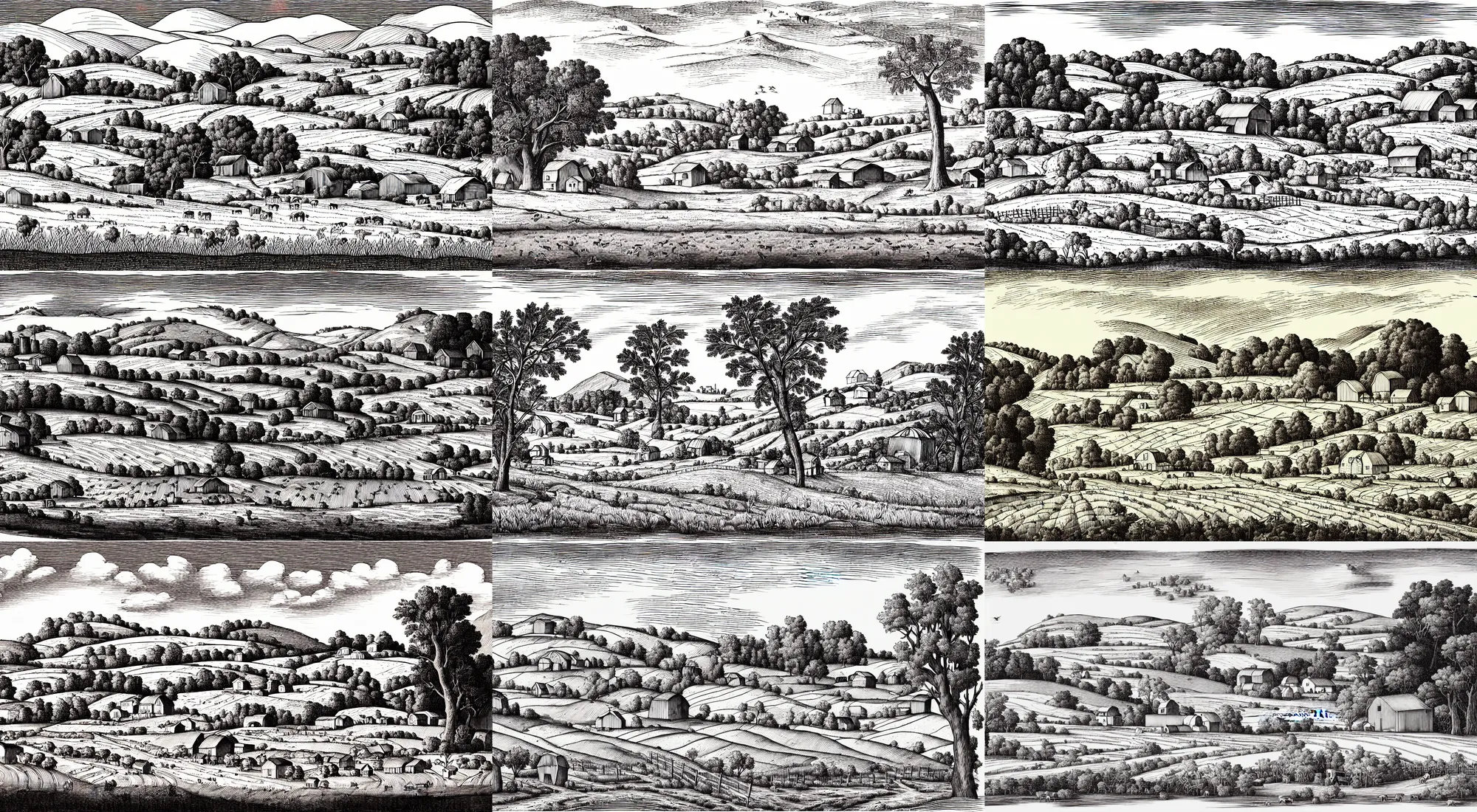 Prompt: Rural landscape with a farm in engraving style, Hand drawn Illustration