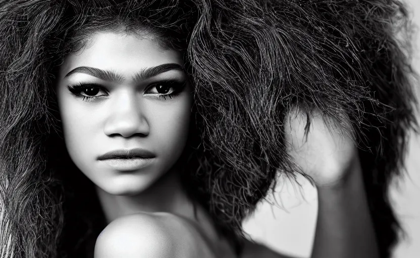 Image similar to photographic portrait by Andy Gotts of Zendaya, closeup, sigma 85mm f/1.4, 15mm, 35mm, 4k, high resolution, 4k, 8k, hd, full color