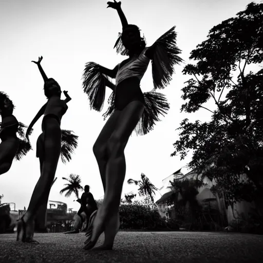 Prompt: dancing women in the evening, seen from back, sunset, canon eos 1 0 0 0 d, ƒ / 3. 5, focal length : 1 8. 0 mm, exposure time : 1 / 5, iso 4 0 0, flash on.