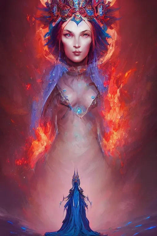 Image similar to beautiful ageless goddess of fire and ice wearing an elaborate costume and headdress, grimdark fantasy, detailed matte painting by Brom and Alena Aenami and Peter Mohrbacher, bokeh, Artstation, cinematic gel lighting, rainbow aventurescence