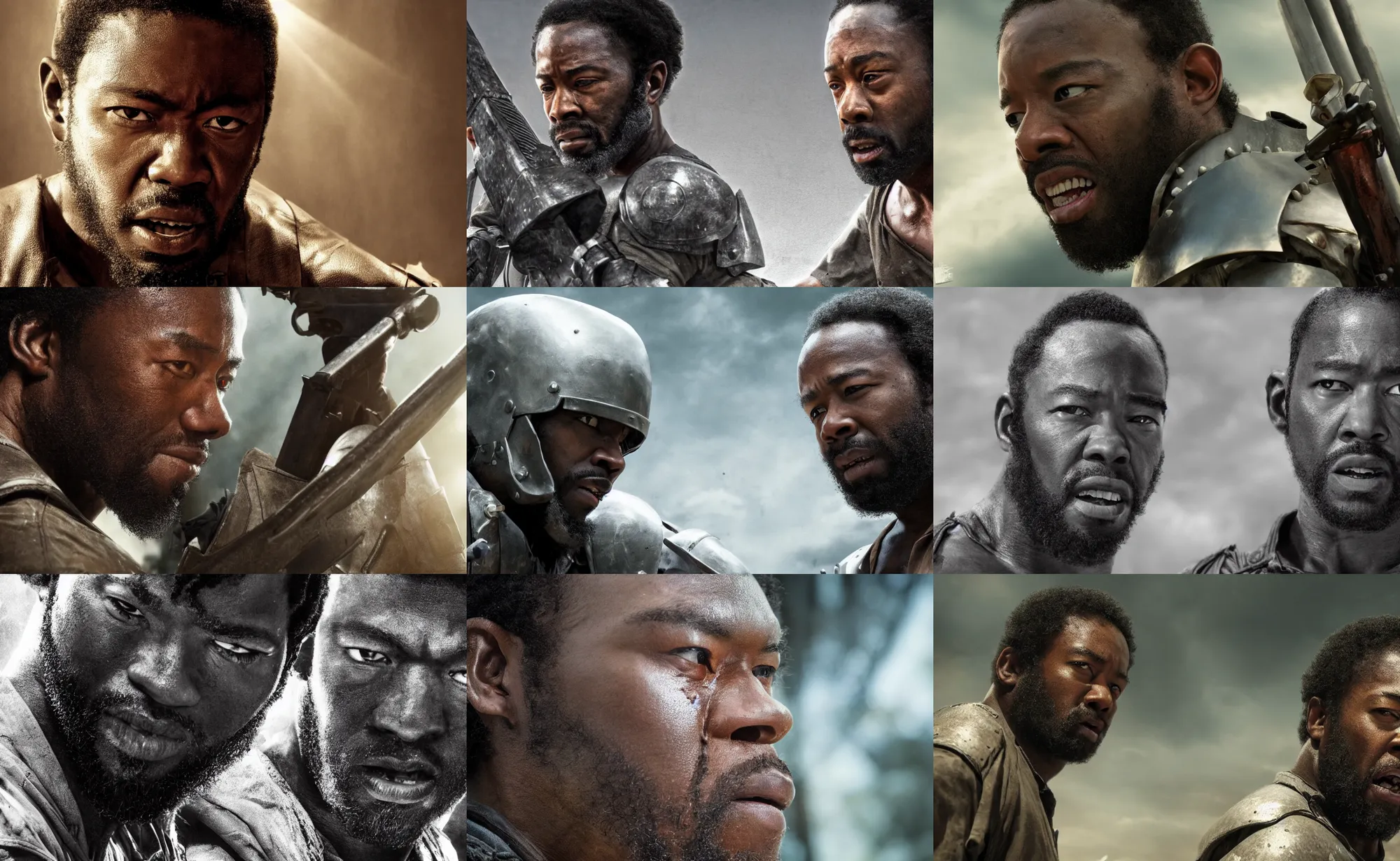 Prompt: cinematic close up artwork of lee everett from the walking dead wearing armor and fighting in battle by greg rutowski, 4 k, sun rays, masterpiece