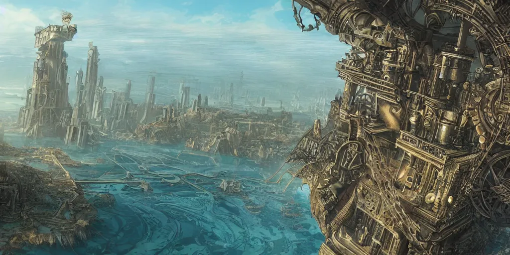 Image similar to illustration, concept illustration, steam punk, a single giant ancient linear city on a single bridge, giant continent bridge city build over the ocean in a straight line, fading into the distance