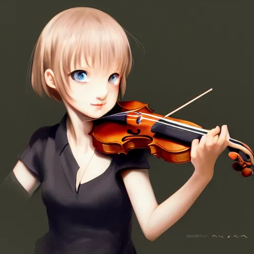 Image similar to Adorable girl, Luminescent eyes, playing the violin, highly detailed, by Range Murata, artgerm, digital illustration, beautiful, concept art, best of Artstation