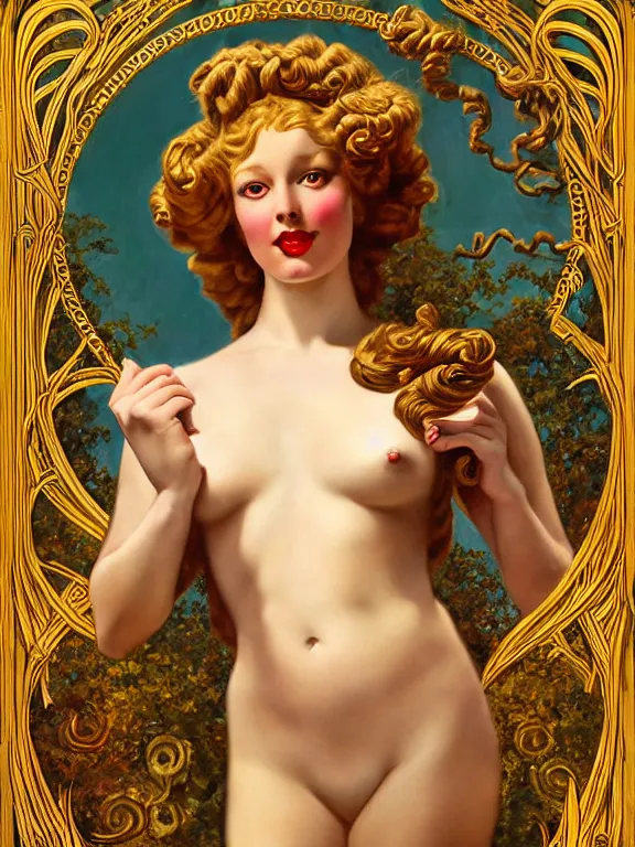 Image similar to Sidney Sweeney as the Medusa Gorgon, a beautiful art nouveau portrait by Gil elvgren, Greek temple environment, centered composition, defined features, golden ratio, gold jewlery, photorealistic professionals lighting, cinematic, sheer