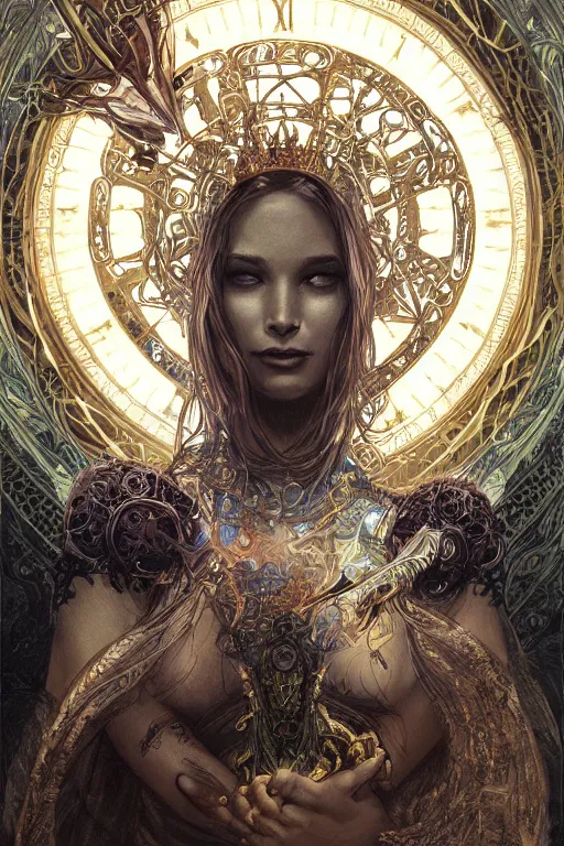 Image similar to Portrait of dark souls a goddess of time and space, dark fantasy, intricate, elegant, highly detailed, digital painting, artstation, concept art, smooth, sharp focus, illustration, art by artgerm and greg rutkowski and alphonse mucha