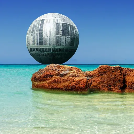 Image similar to a beautiful beach front clear skies, crystal clear water with the death star in the backround, ultra hd