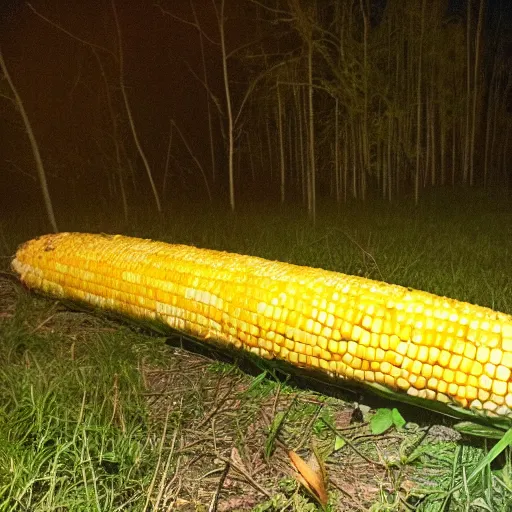 Prompt: giant corn on the cob, caught on nighttime trail cam footage, ominous