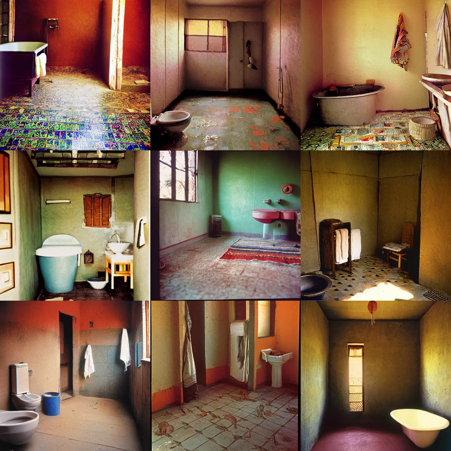 Prompt: a long - shot, color home photograph portrait of a africa bathroom, floor, ceiling, day lighting, 1 9 9 0 photo from photograph magazine.