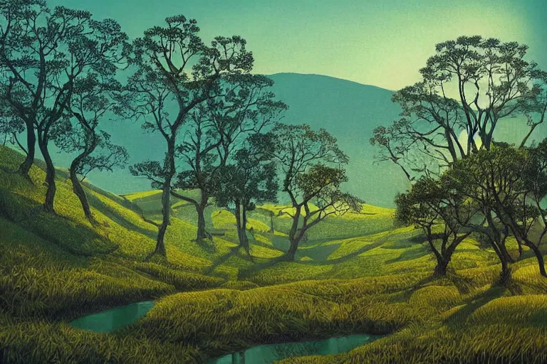 Prompt: masterpiece painting of oak trees on a hillside overlooking a creek, dramatic lighting, by victo ngai