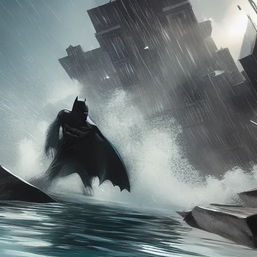 Image similar to Batman going for a swim, hyperdetailed, artstation, cgsociety, 8k