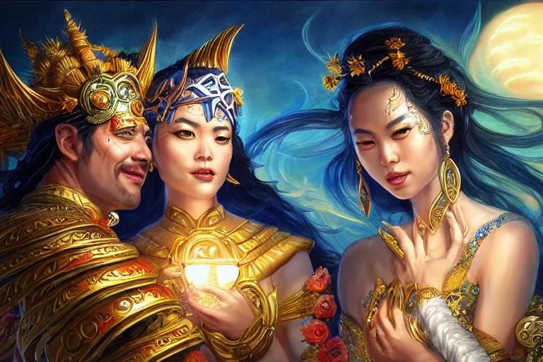 Image similar to close up moment of a divine a sun god and a moon goddess lovers magician at a wedding banquet, highly detailed, d & d, fantasy, highly detailed, digital painting, trending on artstation, concept art, sharp focus, asian feature, illustration, art by artgerm and daniel gerhartz and magali villeneuve