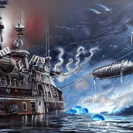 Image similar to barotrauma submarine being attacked by crawlers under the europa ice, hyper realism, ornate intricate details, high detail, steampunk, 4K, deep aesthetic, rich colors, variations,