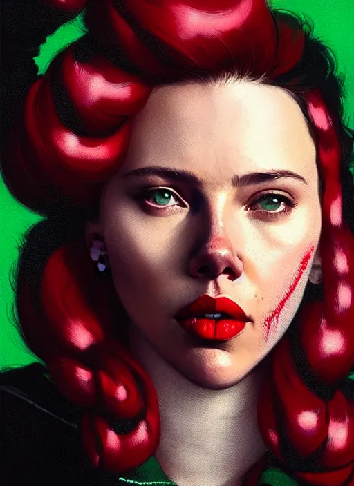 Image similar to highly detailed portrait of scarlett johanson with scarlet lips pogging, tartan hoody, photographic realistic background, ringlet hair by atey ghailan, by greg rutkowski, by greg tocchini, by james gilleard, by joe fenton, by kaethe butcher, gradient red, black, neon green cream and white color scheme, trending in pinterest, award winning details