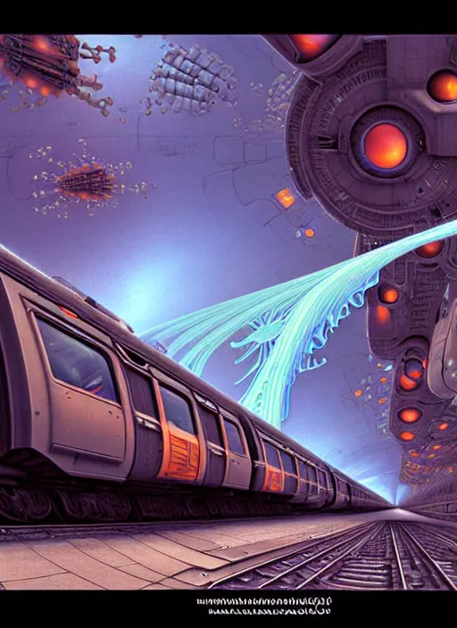 Prompt: urban train design only! 2 0 5 0 s retro future art 1 9 7 0 s science fiction borders lines decorations space machine, mech, robot. muted colors. by jean - baptiste monge, ralph mcquarrie, marc simonetti, 1 6 6 7. mandelbulb 3 d, fractal flame, jelly fish, coral, cinematic lightning