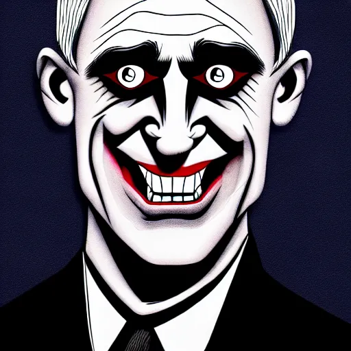 Prompt: bright demonic glowing eyes, digital illustration of secretary of denis mcdonough face, cover art of graphic novel, evil laugh, menacing, Machiavellian puppetmaster, villain, clean lines, clean ink