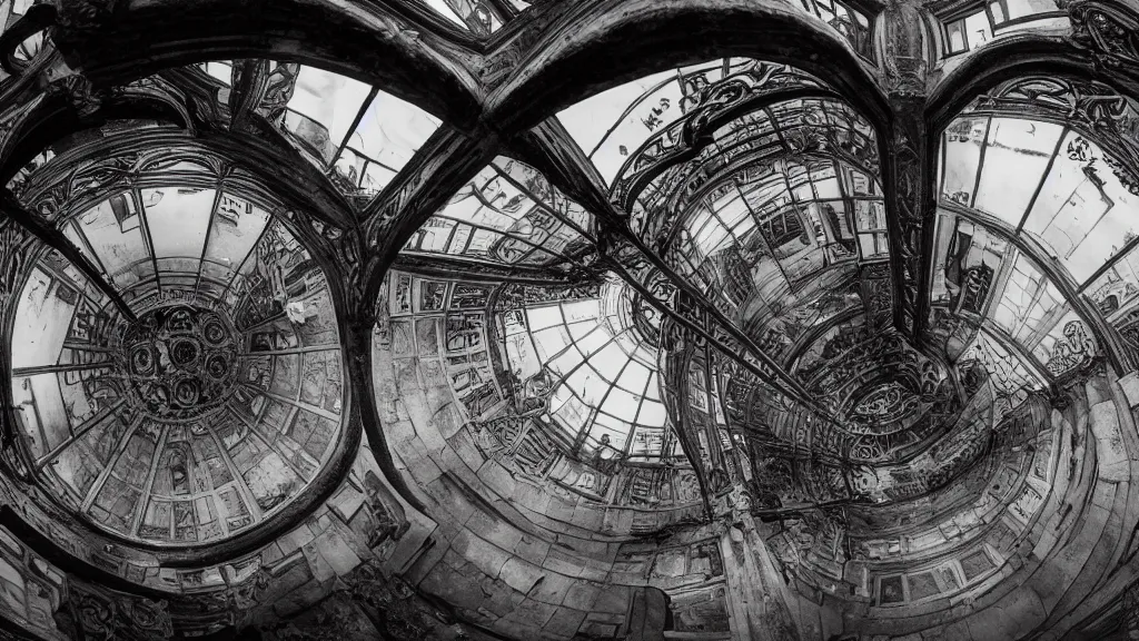 Prompt: victorian era architecture based city, abandoned, crawling with beasts, bloodborne, yarhnam, curved perspective, fisheye effect