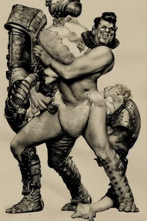 Image similar to 5 0 s pulp scifi fantasy illustration full body portrait martyn ford as huge troll wearing space armour and carrying a woman, by norman rockwell, roberto ferri, daniel gerhartz, edd cartier, jack kirby, howard v brown, ruan jia, tom lovell, frank r paul, jacob collins, dean cornwell, astounding stories, amazing, fantasy, other worlds