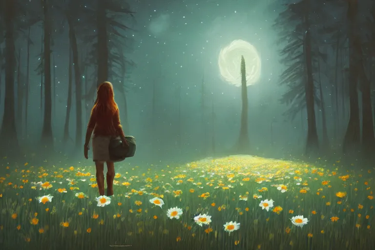 Image similar to giant bunch of daisy flowers head, girl walking in dark forest, surreal photography, dark night, stars, moon light, impressionist painting, clouds, digital painting, artstation, simon stalenhag