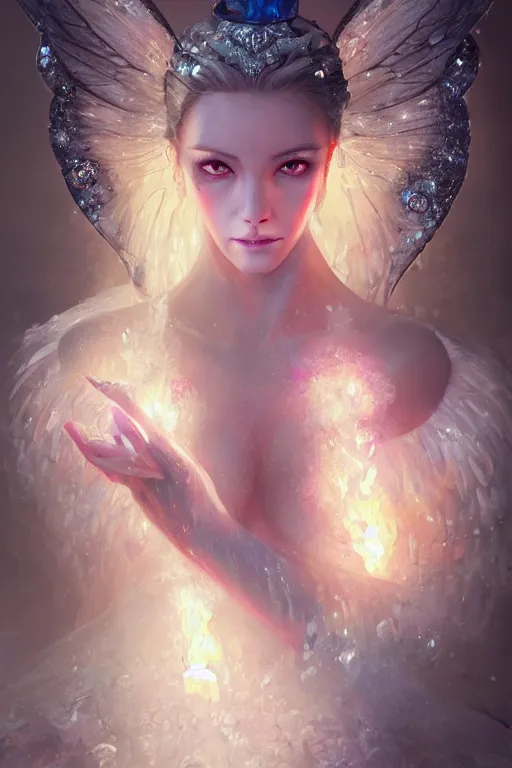 Image similar to face closeup covered with ice of extremely beautiful girl necromancer, magical fairy ice and ice velvet, diamonds, jewels, angels, 3 d render, hyper - realistic detailed portrait, holding fire and electricity rainbow, ruan jia, wlop. scifi, fantasy, magic the gathering, hyper detailed, octane render, concept art, peter mohrbacher