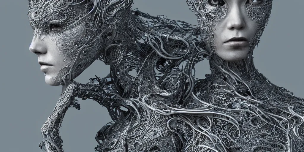 Image similar to realistic photography of a beautiful cyborg androgynous humanoid, holding close, in liquid, intricate filigree, in the style of beth cavener, jin kagetsu, wlop, highly detailed, symmetry, masterpiece, concept art, ringflash, highkey lighting, ambient lighting, octane render, 8 k, artstation