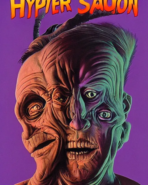 Prompt: movie poster for ( 1 9 8 9 ) ( hyperreal detailed facial features and uv lighting, art by ed roth, frank frazetta, glenn fabry and basil wolverton, purple accents directed by david cronenberg )