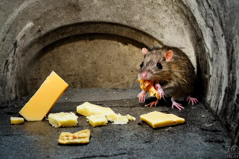 Prompt: a mutant disgusting rat eating cheese in a sewer, photograph, terror, horror, mutant,