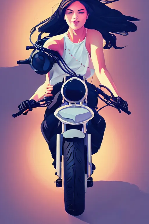 Image similar to a girl on a motorcycle, centered, solid bacgkround, median photoshop filter cutout vector behance, hd by artgerm, jesper ejsing, by rhads, makoto shinkai and lois van baarle, ilya kuvshinov, rossdraws, illustration, art by ilya kuvshinov and gustav klimt