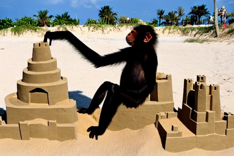 Image similar to a monkey touching a completed sand castle