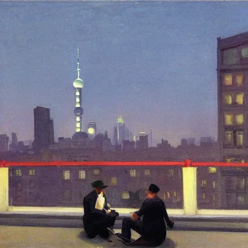 Image similar to a small rooftop with a couple of people sitting and watching the view, shanghai bund is on the background, night, by edward hopper