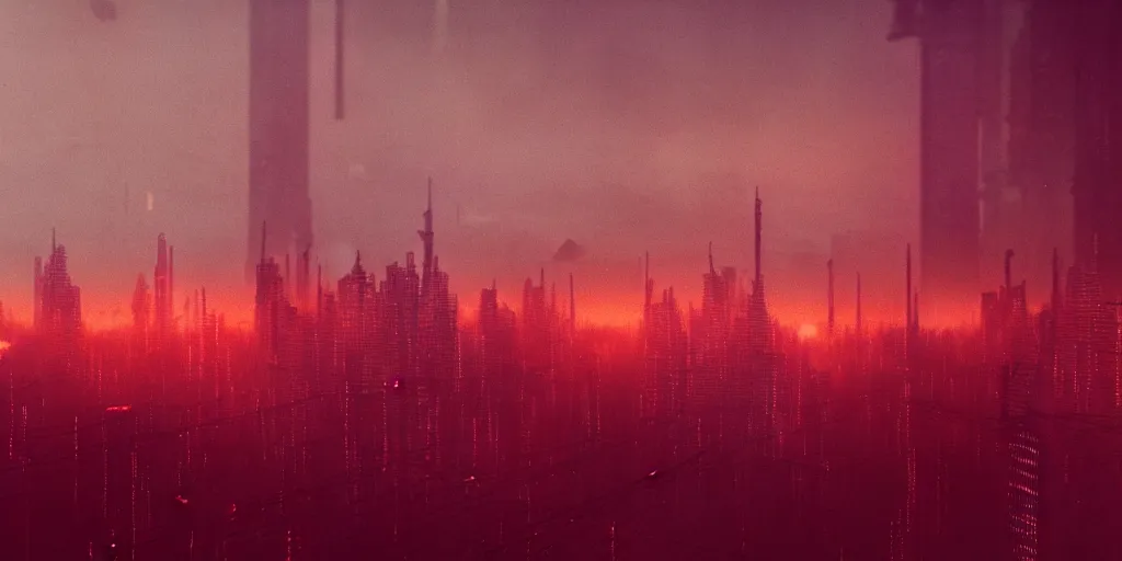 Prompt: 35mm photography film still landscape of noir cyberpunk city with industrial fires and smog, futuristic dystopian megacity skyline, matte painting, neon, sharp focus