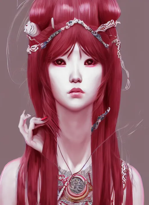 Prompt: albino maiko with very long kawaii hair, fluent composition, red and white neon, concept art, ambient light, 4 k, intricate details, highly professionally detailed, cgsociety, highly detailed -