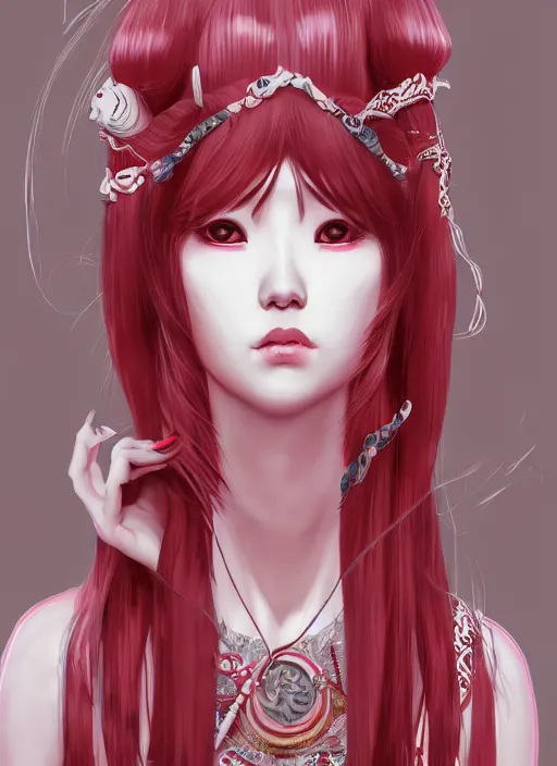 Image similar to albino maiko with very long kawaii hair, fluent composition, red and white neon, concept art, ambient light, 4 k, intricate details, highly professionally detailed, cgsociety, highly detailed -