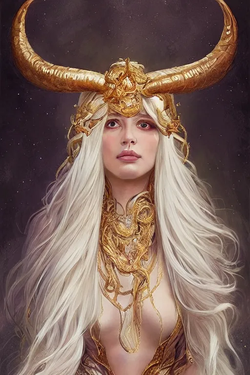 Prompt: fullbody!! of a beautiful woman with long white hair, big natural horns on her head, long flowing intricate dress, gold jewellery, dnd, face, fantasy, intricate, elegant, highly detailed, digital painting, artstation, concept art, smooth, sharp focus, illustration, art by artgerm and greg rutkowski and alphonse mucha