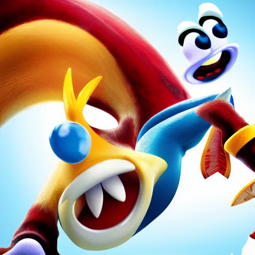 Image similar to hyper realistic render of rayman, white background