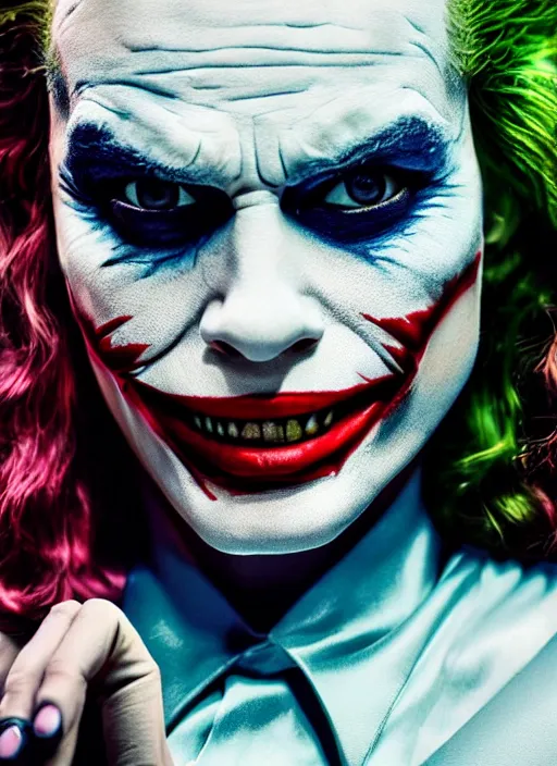 Image similar to photo of Margot Robbie as the Joker by Annie Leibovitz, head shot, detailed, award winning, Sony a7R