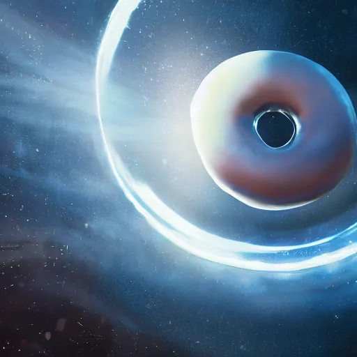 Prompt: long shot of a perfectly round giant metal sphere floating in space reflecting a delicious donut, concept art, by asao andrews, by ridley scott, by j. j. abrams, volumetric light, beautiful oil painting, realistic reflections, smooth, lens flare, depth perception, high depth of field, 8 k, 3 d octane render