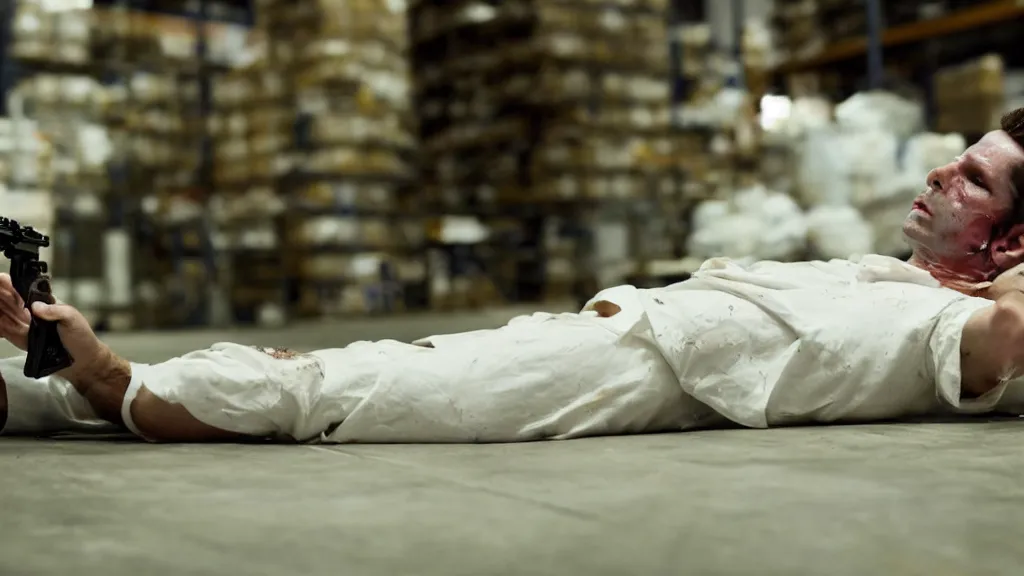 Image similar to film still of a wounded man in a white shirt laying in a warehouse next to a gun on the ground. moody, grainy, 4 k, high detail, aesthetic, good composition, anatomically correct, directed by wes anderson,