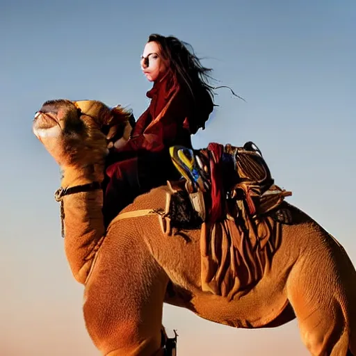 Prompt: close up shot of billie eilish riding a camel