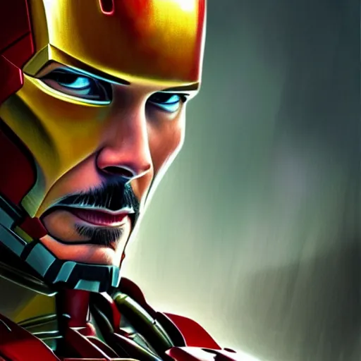 Image similar to handsome Keanu Reeves in Iron Man suit, western, closeup, D&D, fantasy, intricate, elegant, highly detailed, digital painting, artstation, concept art, matte, sharp focus, illustration, art by Artgerm and Greg Rutkowski and Alphonse Mucha