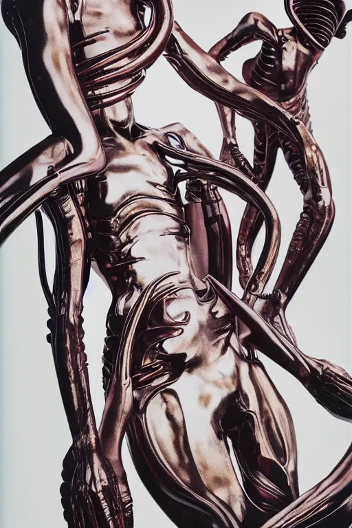 Prompt: instax still frame of Faceless Void from Alien and Prometheus by Guo Jian and Yue Minjun featured in Vogue editorial fashion photography, haute couture dressed by Givenchy and Salvatore Ferragamo painted by Andrea Pozzo, in lush metal and porcelain by