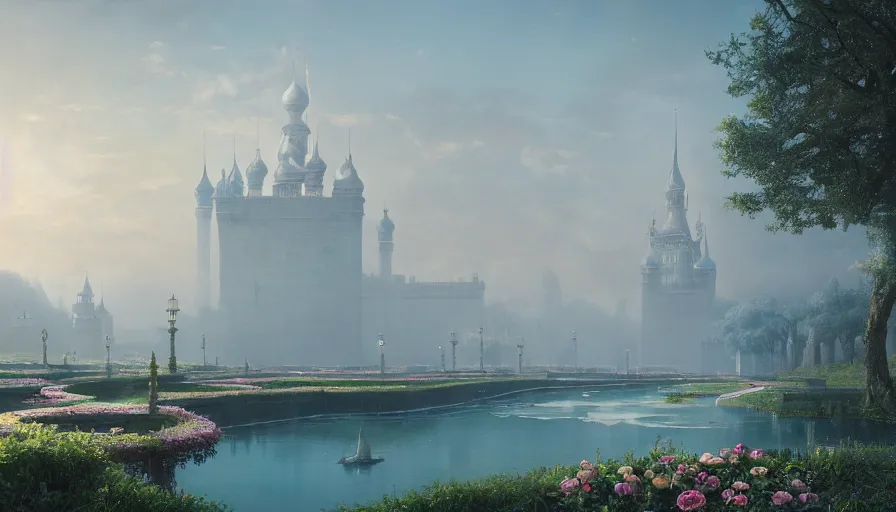 Image similar to vanishing point, palace like the kremlin in distance on a lake is covered with aqua blue roses, viewed from afar, stephen bliss, misty, unreal engine, fantasy art by greg rutkowski, loish, ferdinand knab, and lois van rossdraws,, global illumination, radiant light, minimalist, detailed and intricate environment